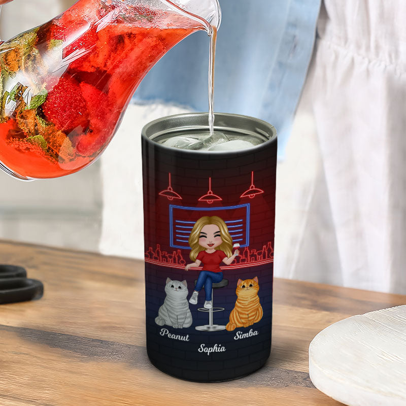 Cat Mom Cannot Survive On Wine Alone Neon Light Multi-Use Tumbler - Personalized 4 In 1 Can Cooler - Gift For Cat Mom & Wine Lover