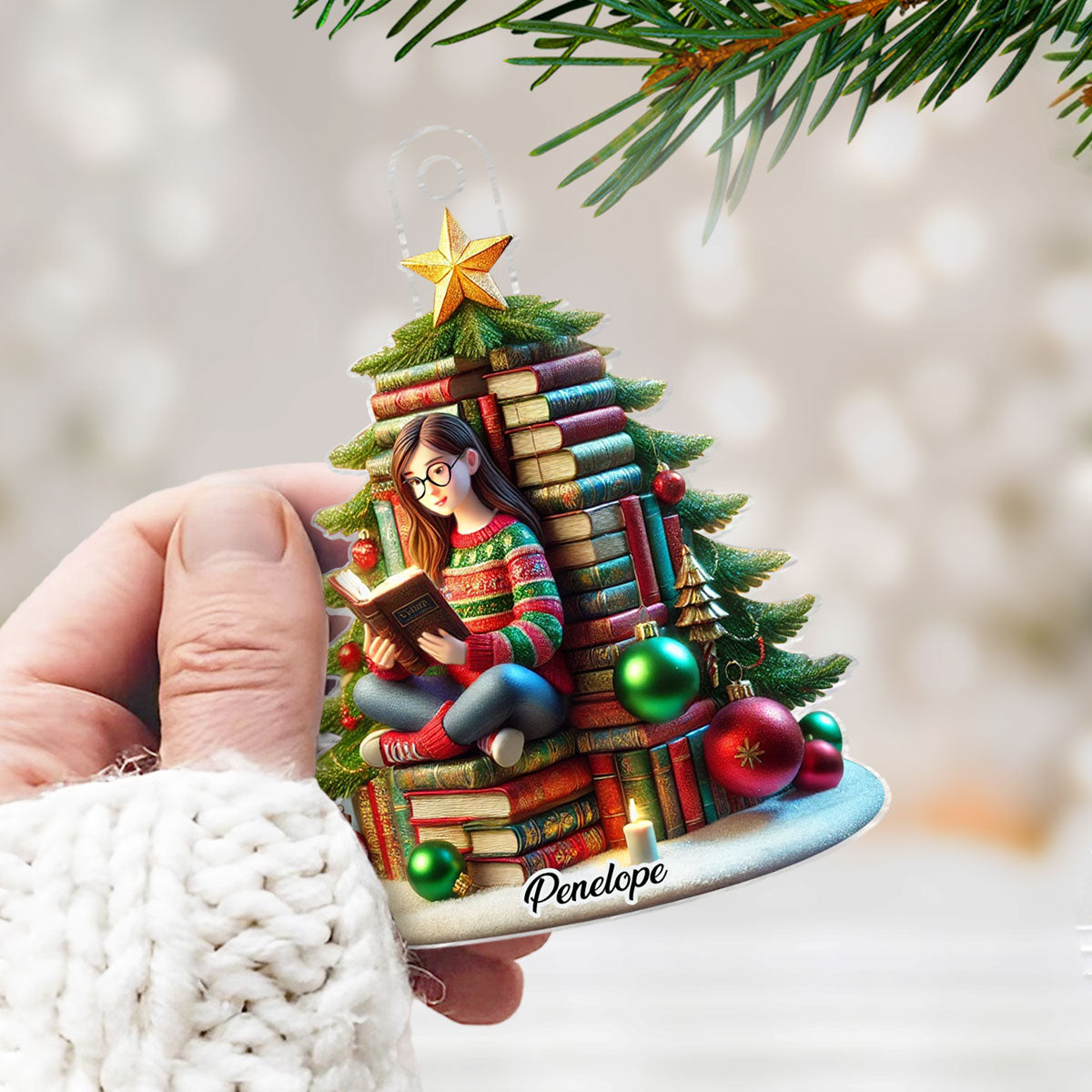 Book Christmas Tree Girl Sitting Acrylic Ornament, Personalized Book Christmas Tree Ornament, Christmas Gift For Book Lovers