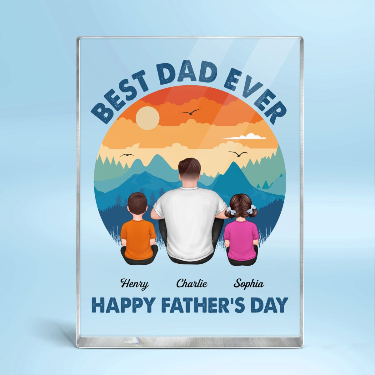 Retro Best Dad Ever Happy Father‘s Day Back View Man Sitting With Kids Dogs Cats Personalized Vertical Rectangle Acrylic Block Plaque