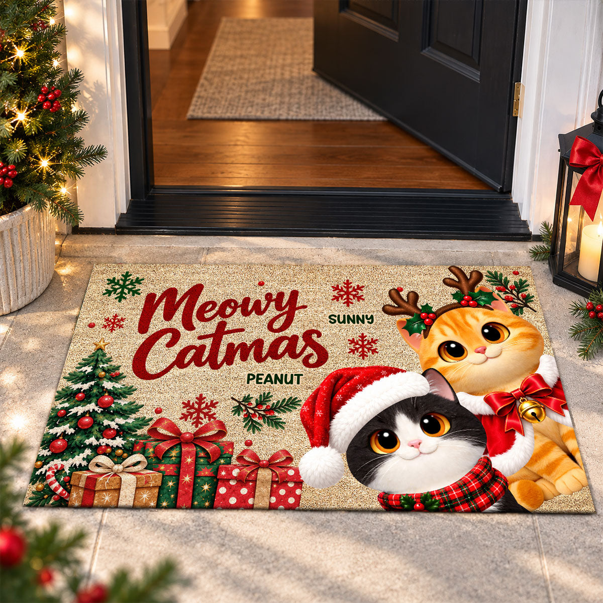 Festive Christmas Meowy Catmas Cute Cats - Personalized Doormat - Christmas Gift For Cat Lovers, Christmas Decor