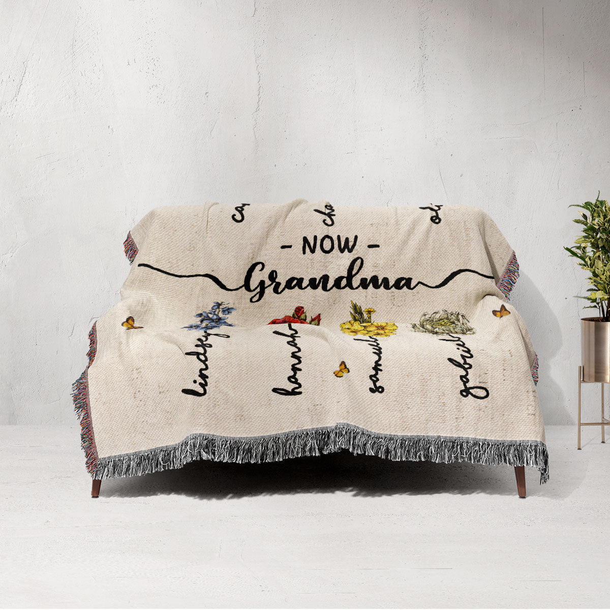 First Mom Now Grandma Birth Flower Personalized Tapestry Woven Blanket, Heartfelt Gift For Grandma