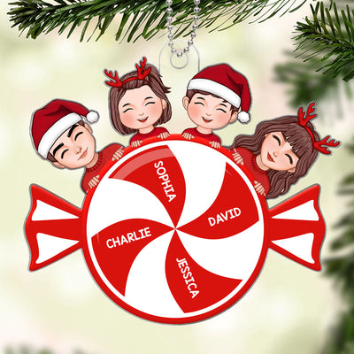 Family Dad Mom Kids Dogs Cats Christmas Peppermint Personalized Acrylic Ornament