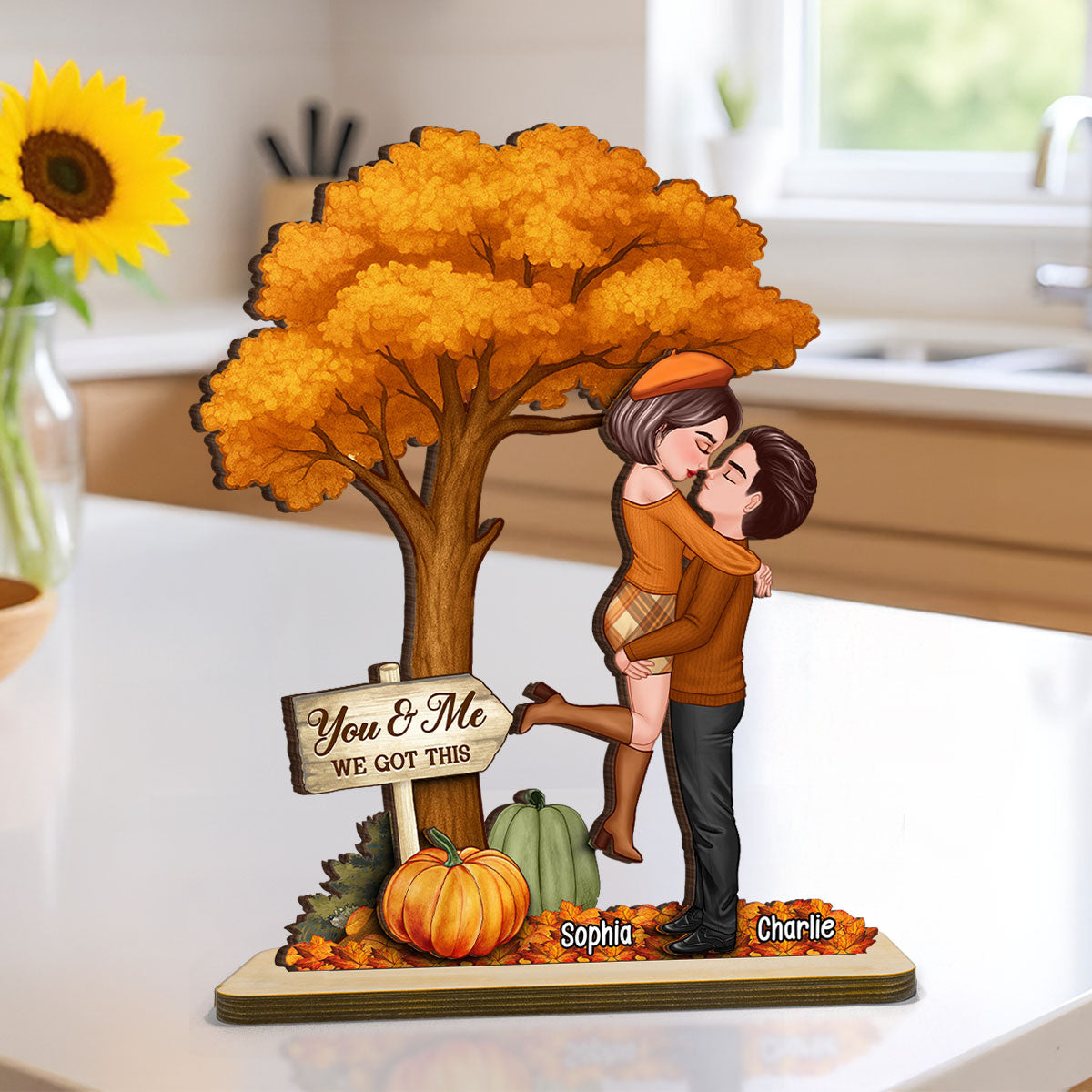 Fall Season Couple Hugging Kissing Under Tree Personalized Standing Wooden Plaque