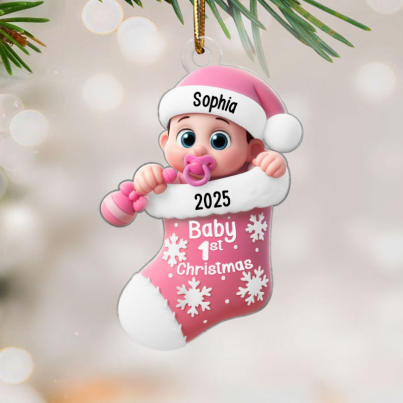3D Effect Cute Cartoon Baby In Stocking Baby's 1st Christmas Personalized Acrylic Flat Ornament