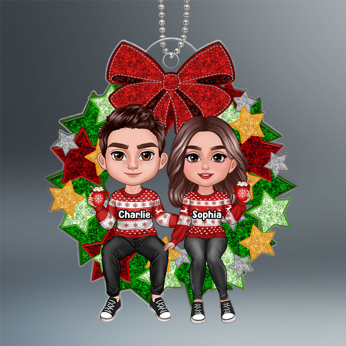 Christmas Couple Sitting On Faux Sequin Wreath Personalized Acrylic Ornament