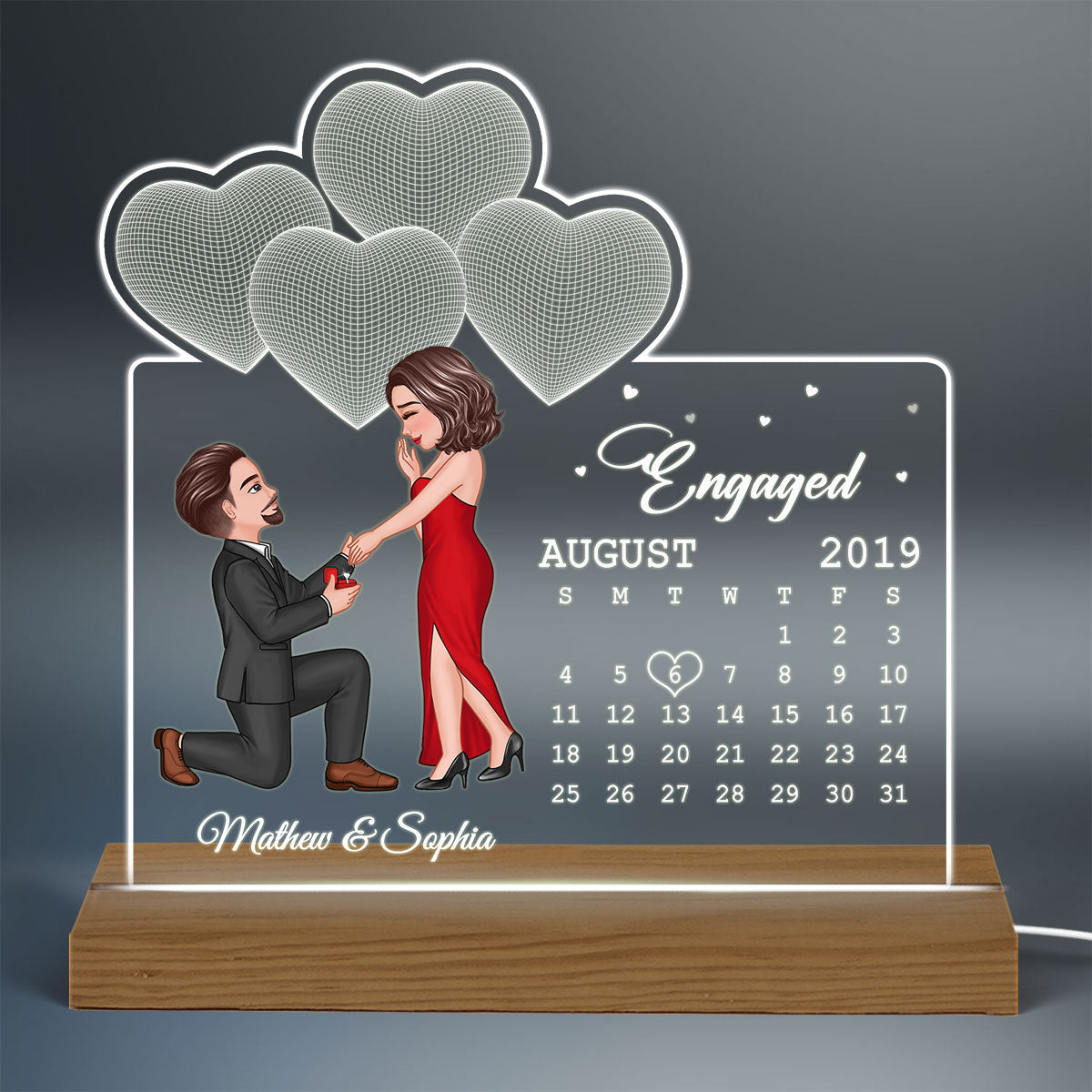 The Best Day Ever Engaged Couple Calendar Date 3D Hearts Personalized Custom Shaped Acrylic Plaque With LED Night Light