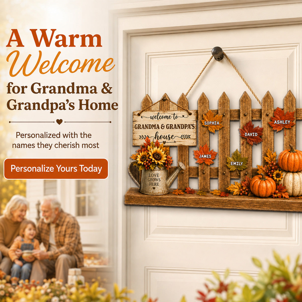 Welcome To Grandparents House Fall Season Fence - Personalized Wood Sign