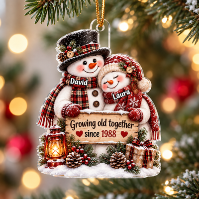 Snowman Couple Hugging Growing Old Together - Personalized Acrylic Ornament - Heartfelt Christmas Gift for Her, for Him
