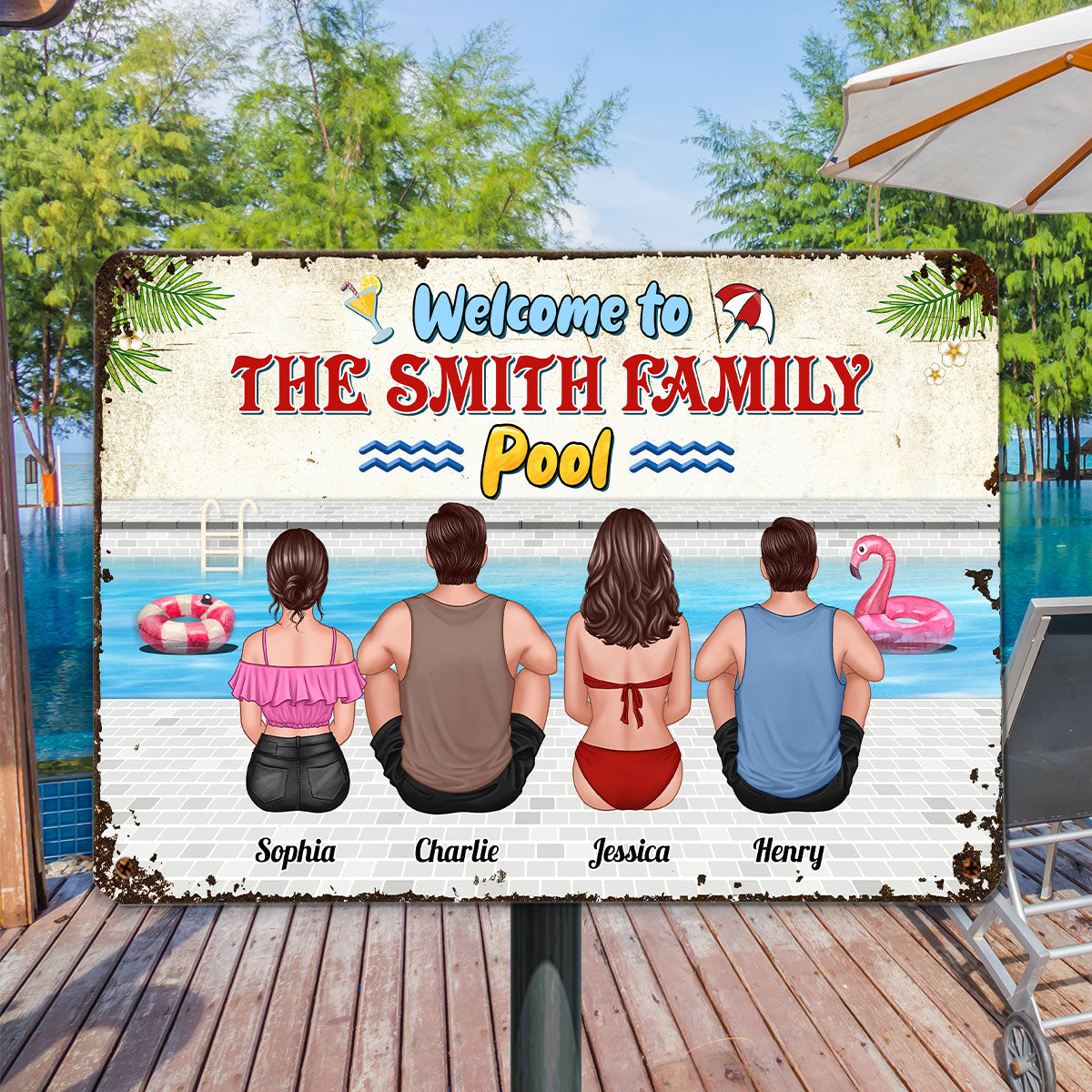 Welcome To Family Pool Sitting Back View Personalized Metal Sign