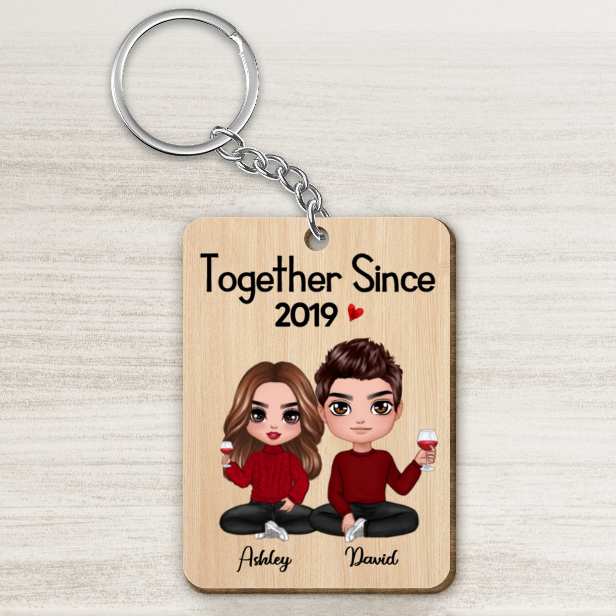 Doll Couple Sitting Gift For Him For Her Personalized Wooden Keychain