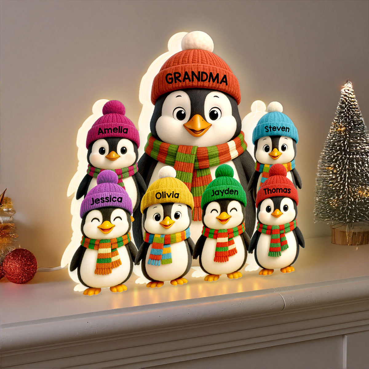 3D Effect Heartwarming Christmas Penguins Grandma Grandkids - Personalized Light Box