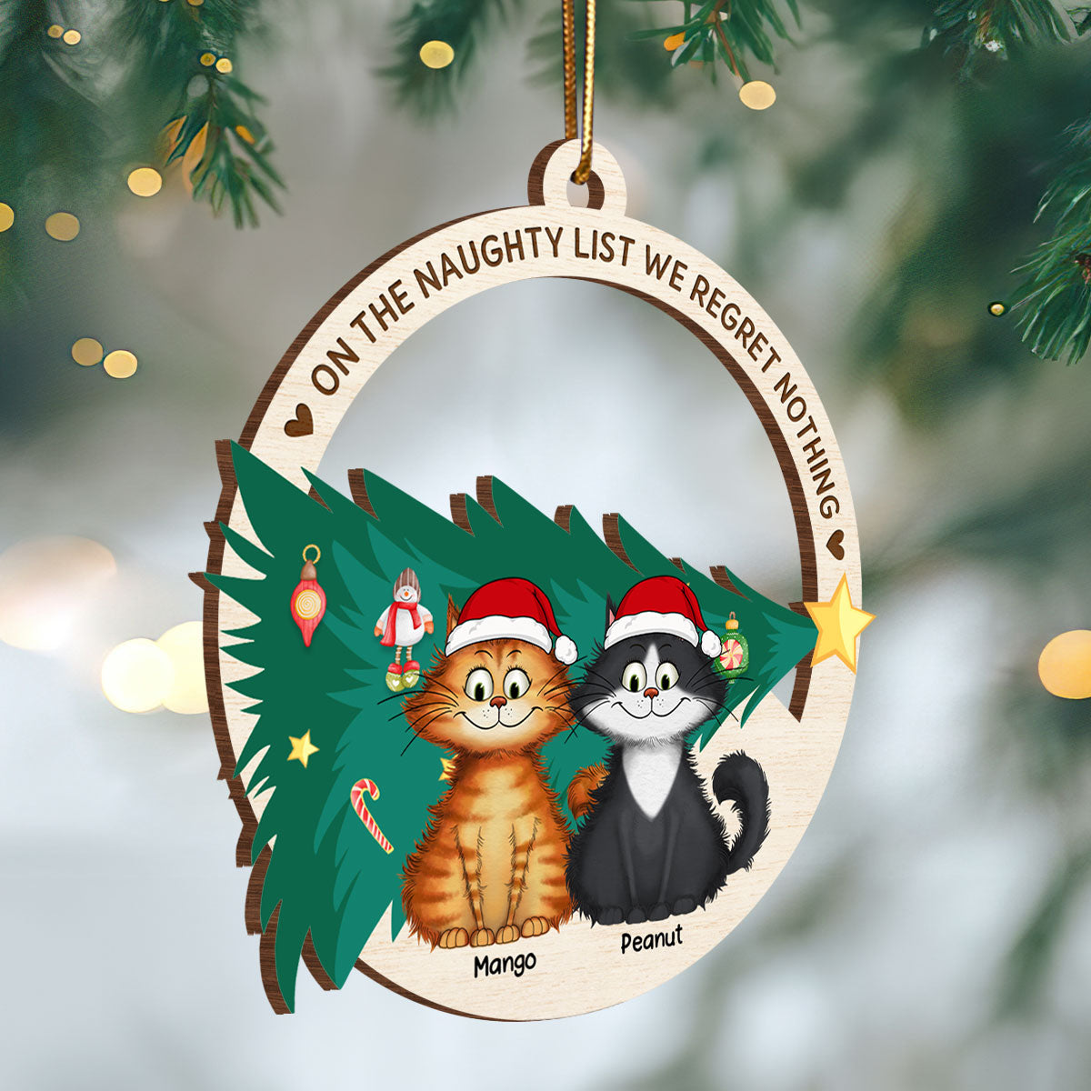 On The Naughty List We Regret Nothing Quirky Cat Wooden Ornament, Personalized Christmas Cat Ornament
