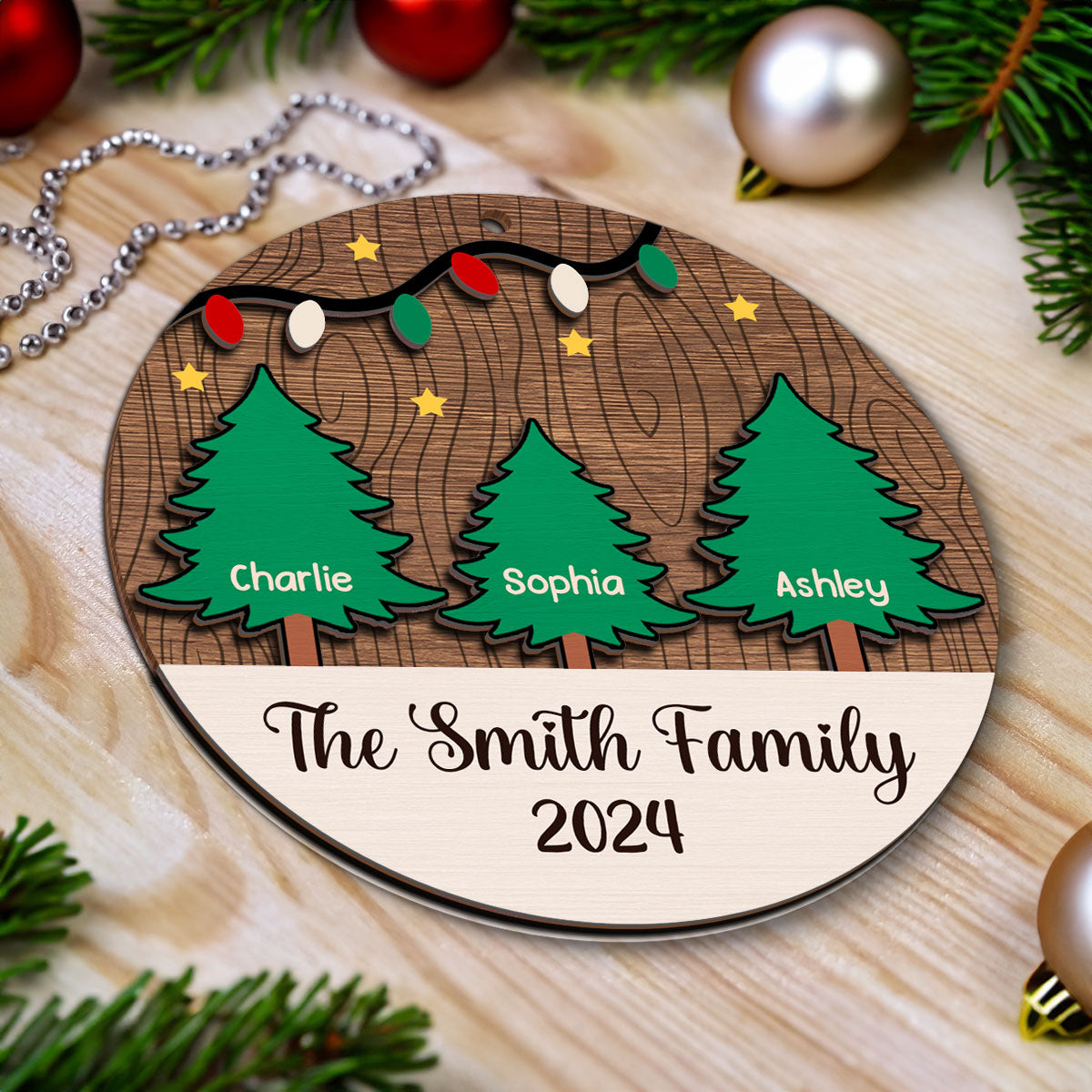 Christmas Tree Family Member Names Personalized 2-Layer Wooden Ornament