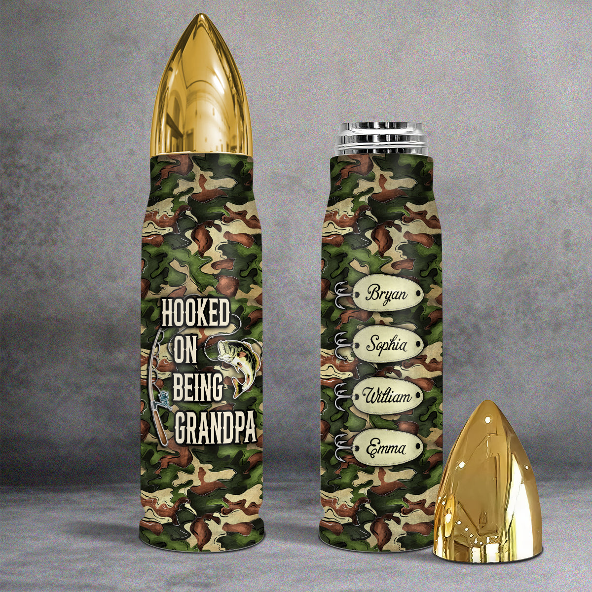 Hook On Being Grandpa Fishing Camouflage Personalized Bullet Tumbler