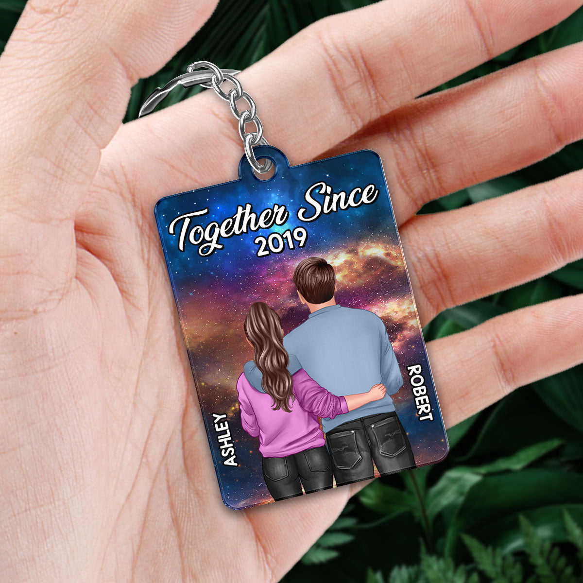 Couple Hugging Back View In Galaxy Favorite Song QR Code Personalized Acrylic Keychain