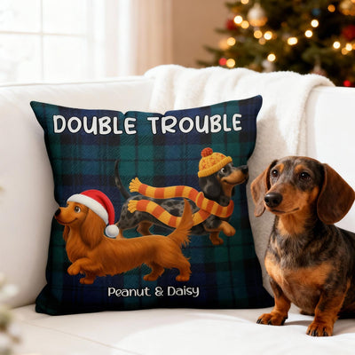 Christmas Dachshunds Double Trouble - Personalized Pillow - Gift For Dachshund Lovers