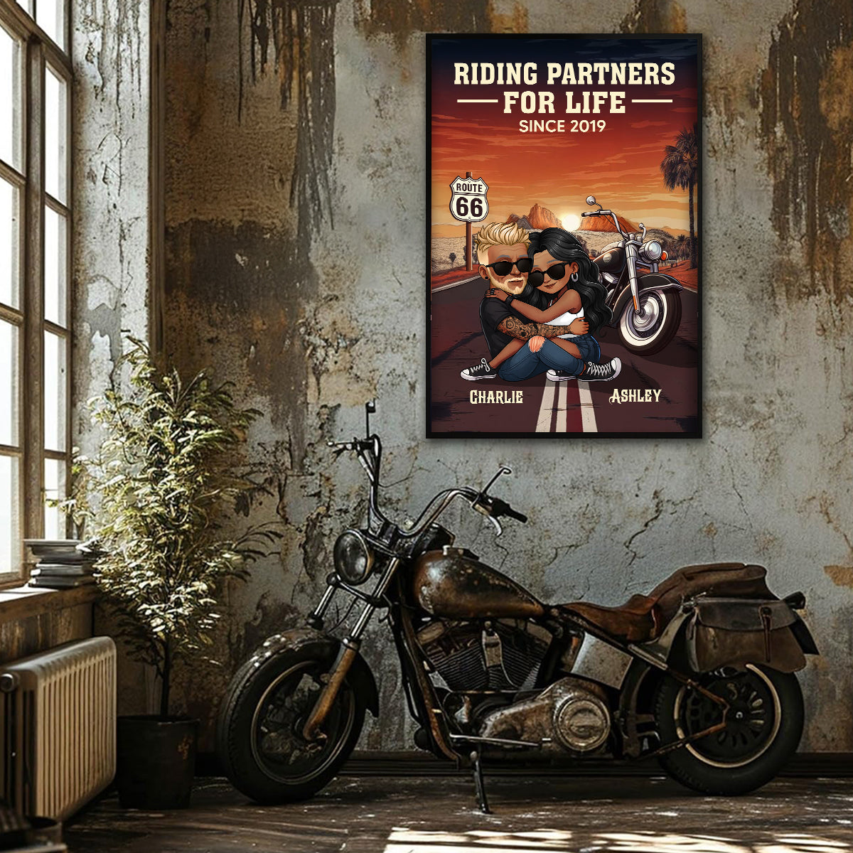 African American Biker Couple Riding Partners for Life Personalized Poster, Gift for him, Gift for her