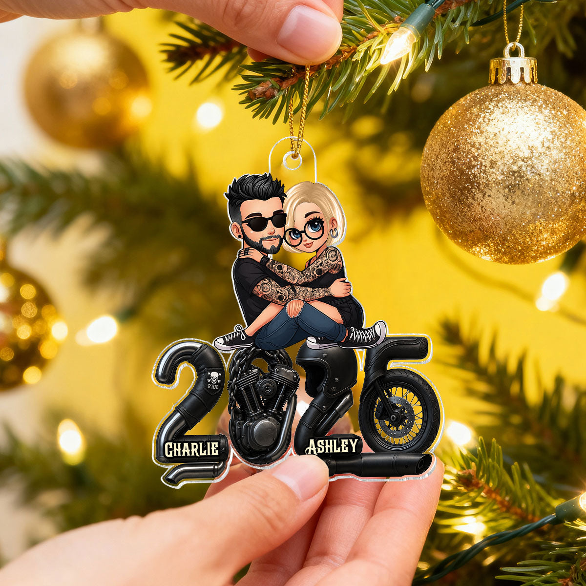 3D Effect Biker Couple- Personalized Acrylic Car Hanger- Gift For Bikers, Gift For Him, For Her