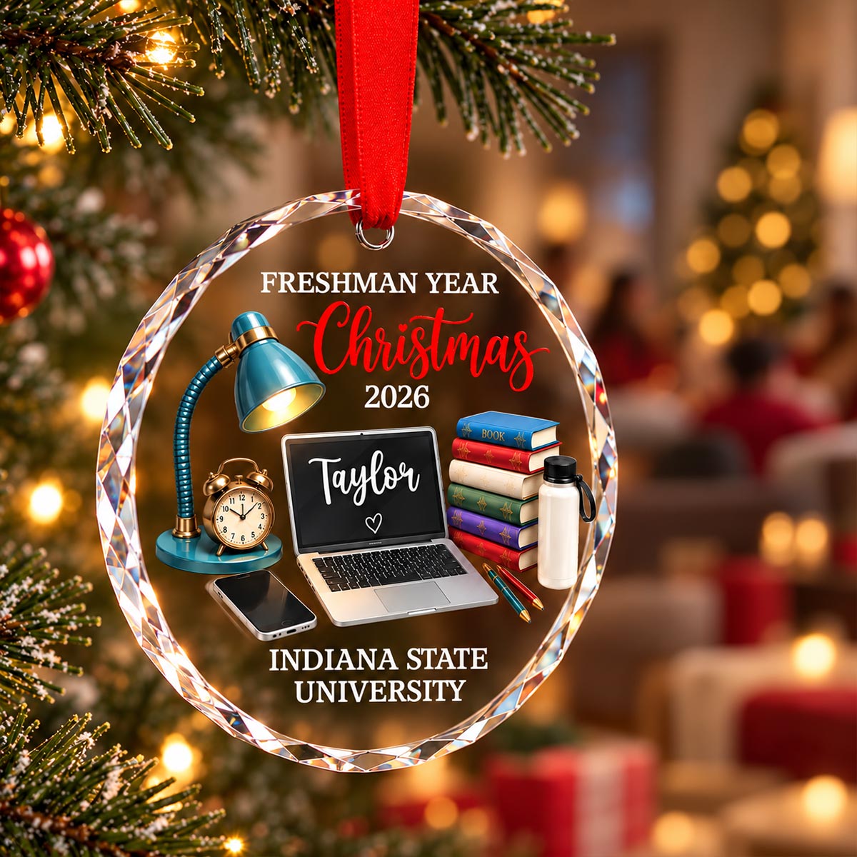Freshman Year Christmas Study Desk – Personalized Glass Ornament – College Student Christmas Gift, First Year Keepsake
