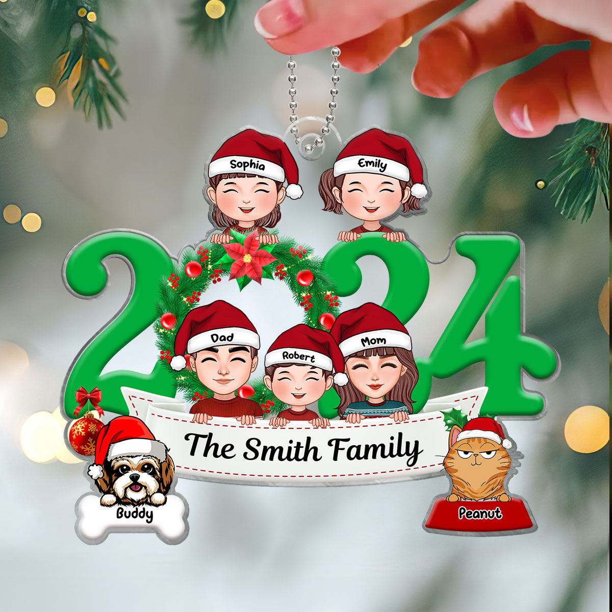 Family And Dogs Cats Peeking 2024 Personalized Acrylic Ornament