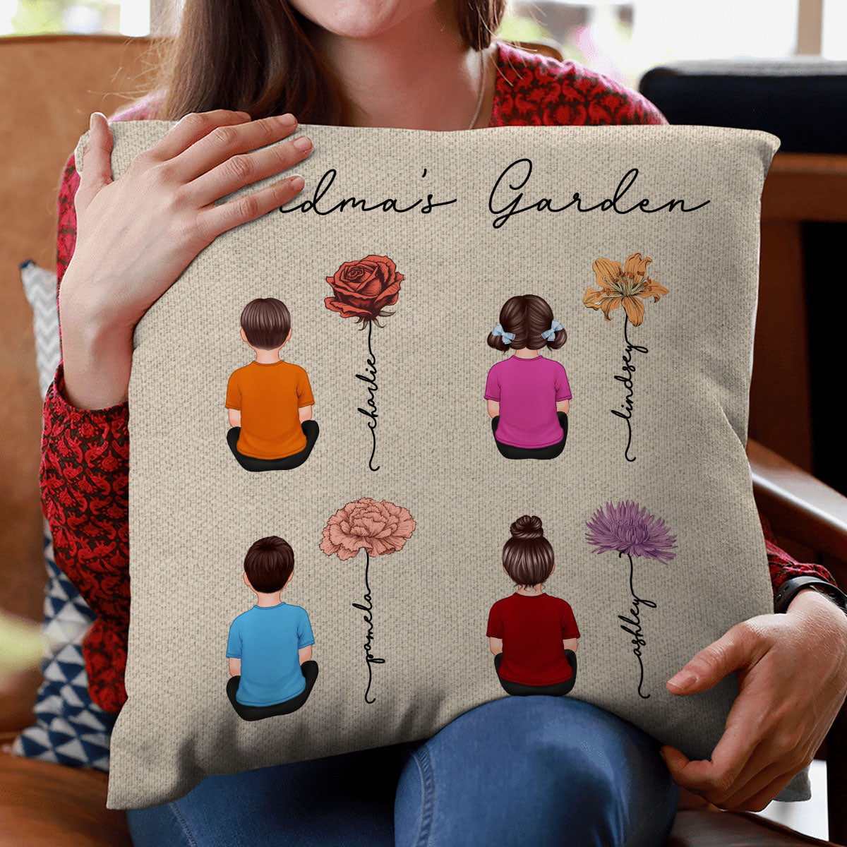 Grandkids Sitting Grandma Garden Vintage Birth Month Flowers Personalized Pillow