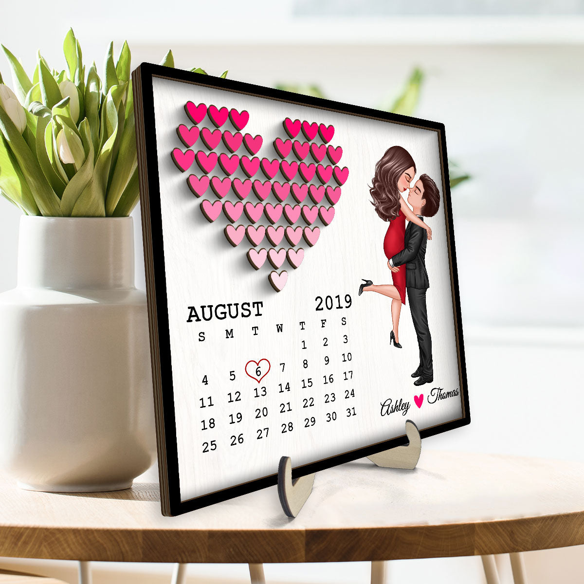 Doll Couple Hugging Kissing Calendar Anniversary Date Gift For Him Gift For Her Hearts Personalized 2-Layer Wooden Plaque