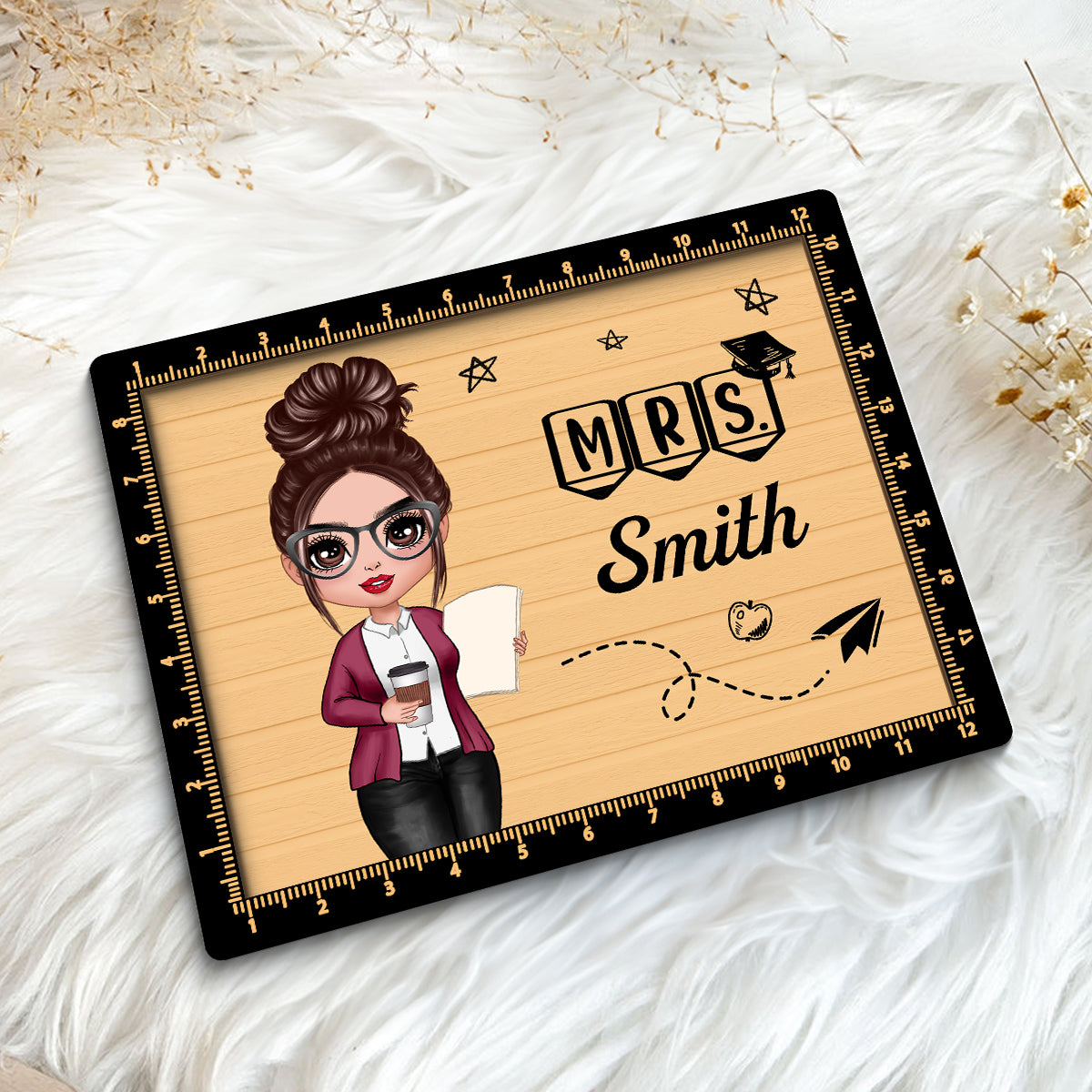 Teacher Sign Ruler Frame Personalized 2-layer Wooden Plaque