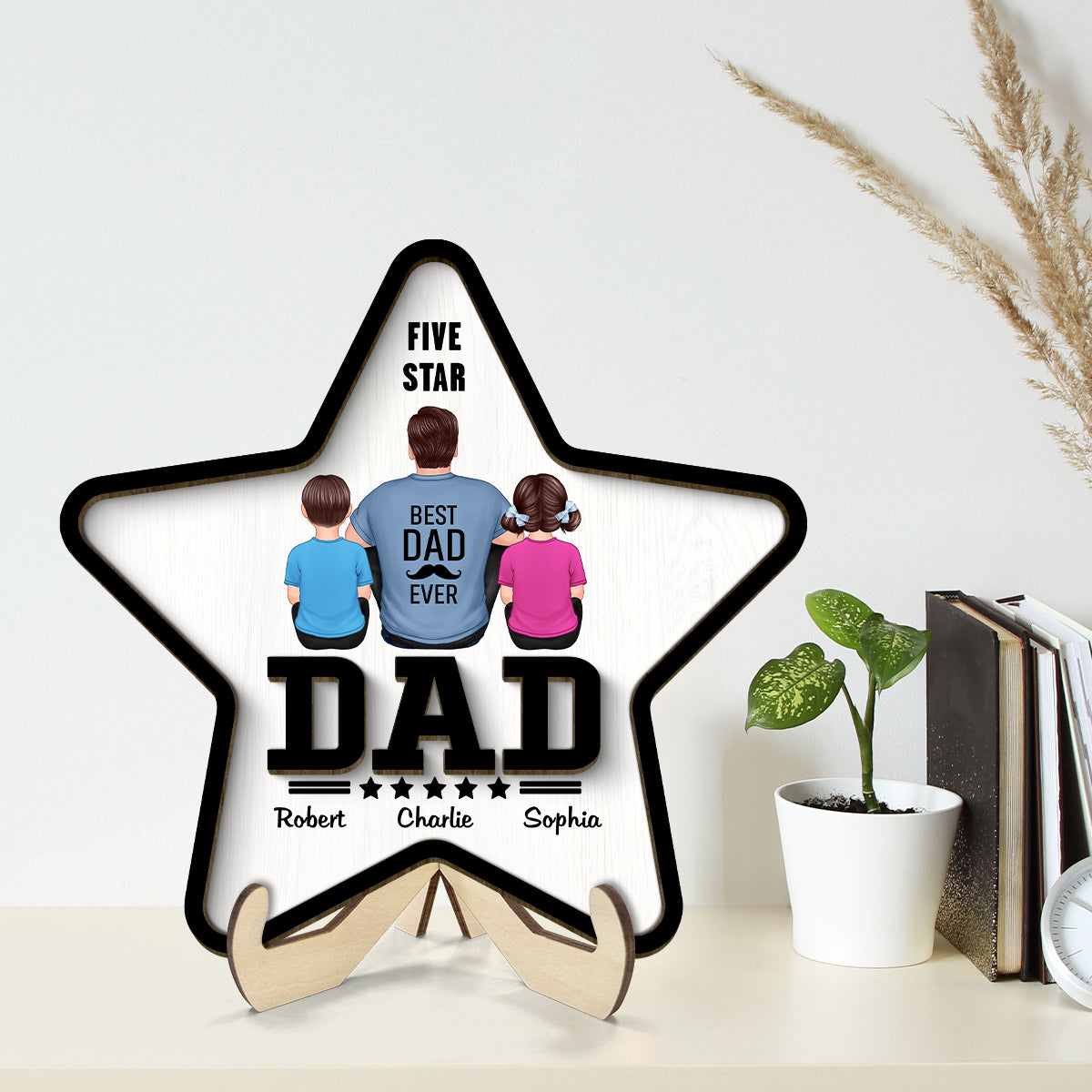 Five - Star Dad Back View Dad And Kids Personalized 2-Layer Wooden Plaque