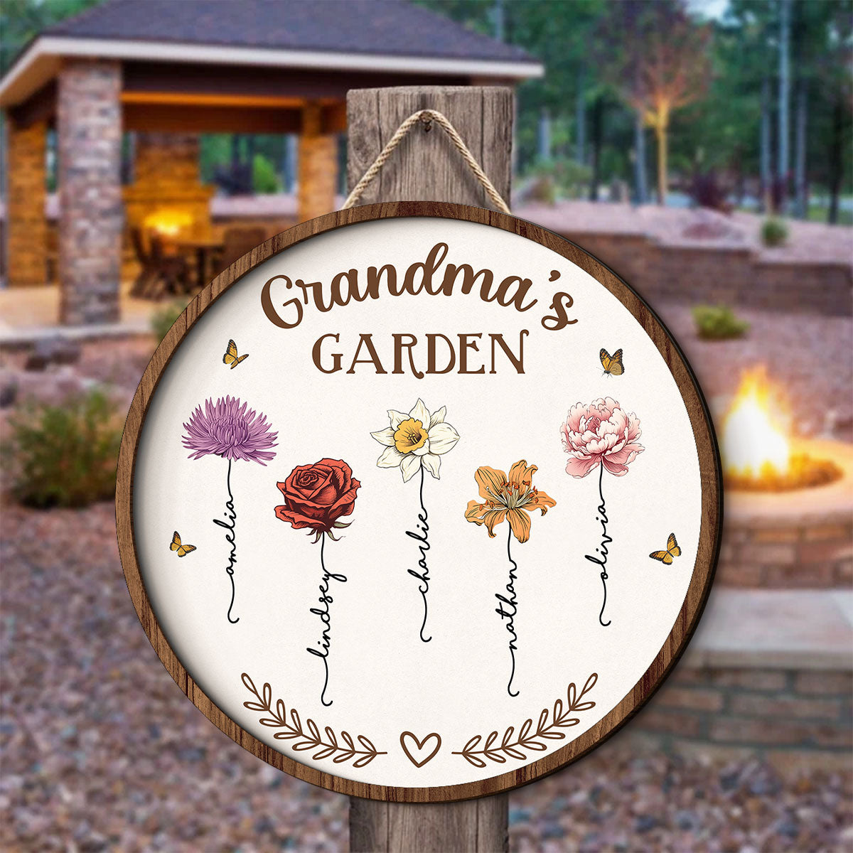 Grandma's Garden Love Grows Here, Birth Month Flower Personalized 2-Layer Wooden Door Sign