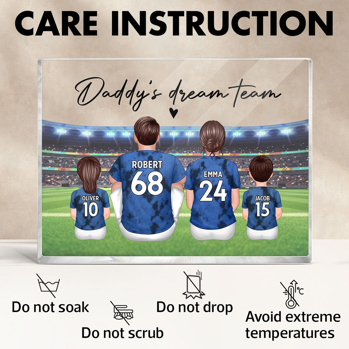 Daddy's Team Soccer Family Sitting Back View Personalized Acrylic Block, Father's Day Gift