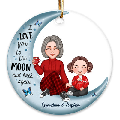 Cute Grandma & Grandkid On Moon Christmas Gift Personalized Circle Ornament [Grandma's nickname can be changed]