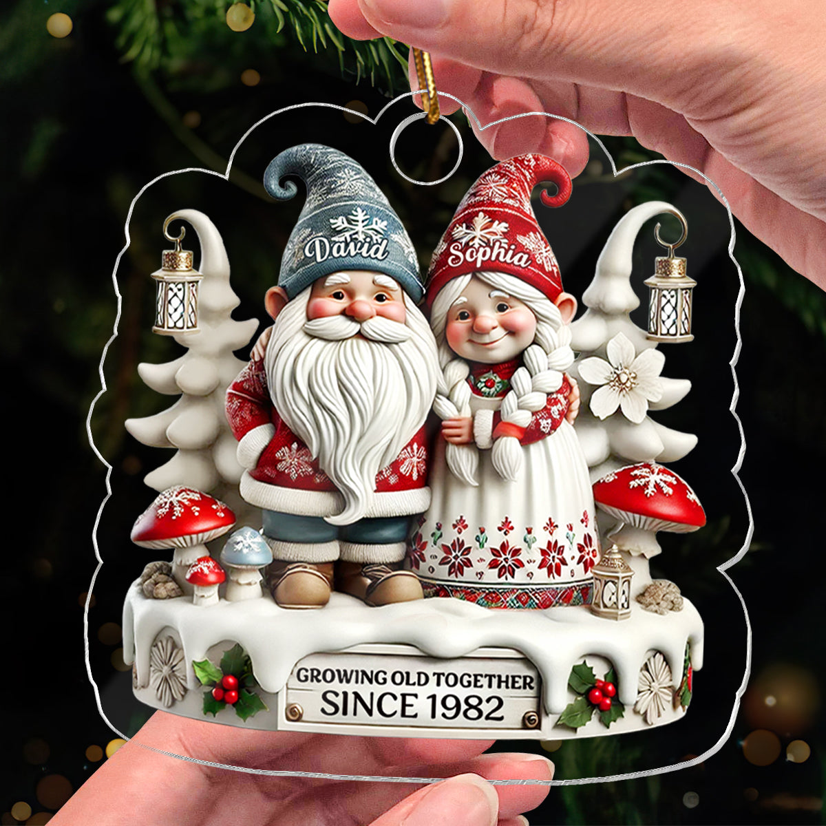 3D Effect Gnome Couple Together Christmas - Personalized Acrylic Ornament - Gift for Him, Gift for Her