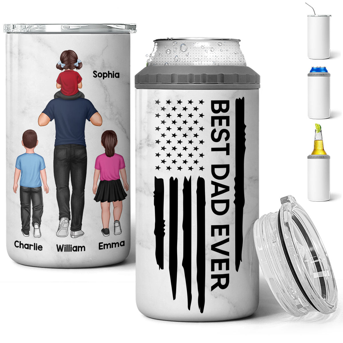 Best Dad Ever Piggy Back Man & Kids Nation Flag Father‘s Day Gift For Husband Father Figures Personalized 4 In 1 Can Cooler