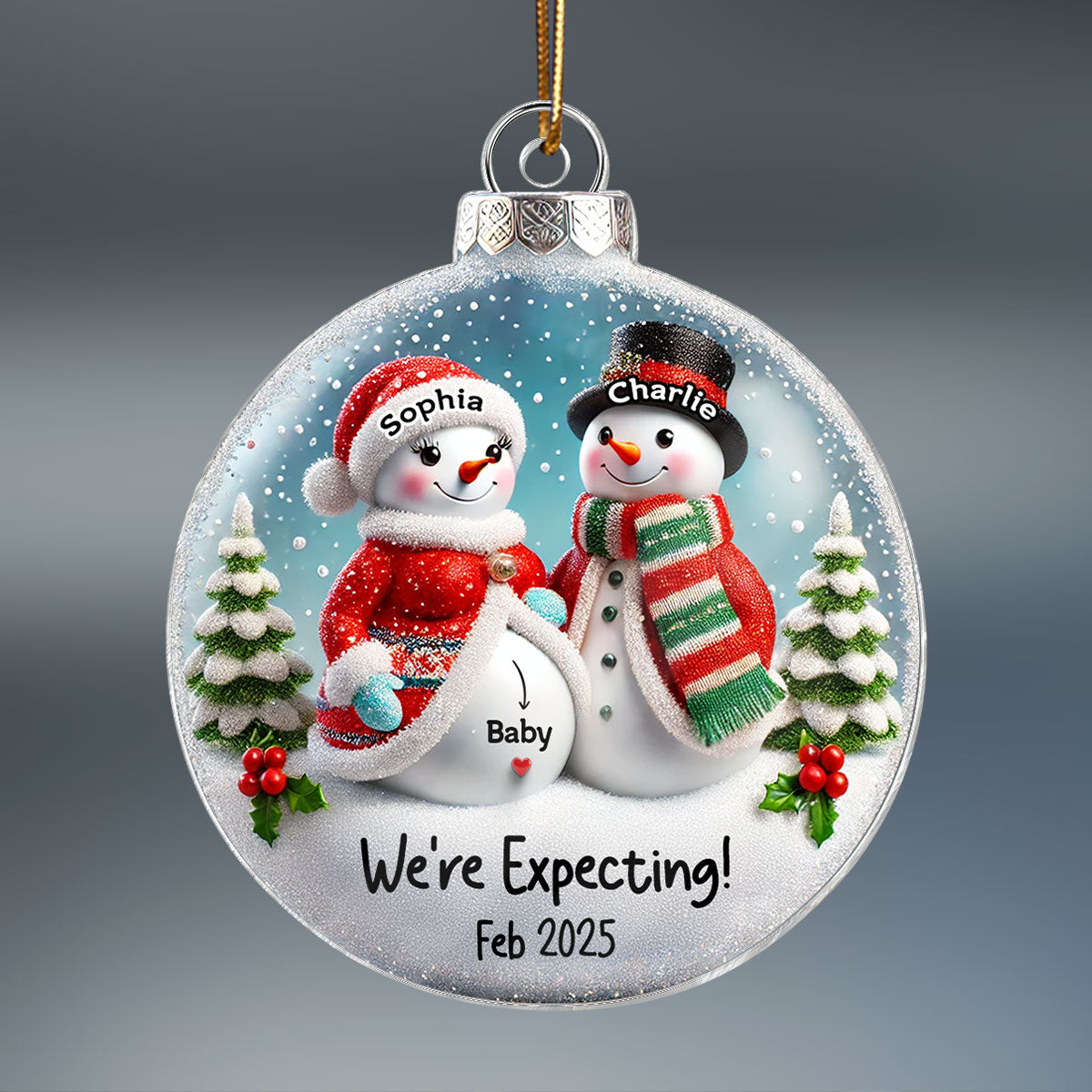 3D Effect Snowman Couple Expecting Parents Pregnancy Announcement Keepsake Personalized Acrylic Ornament