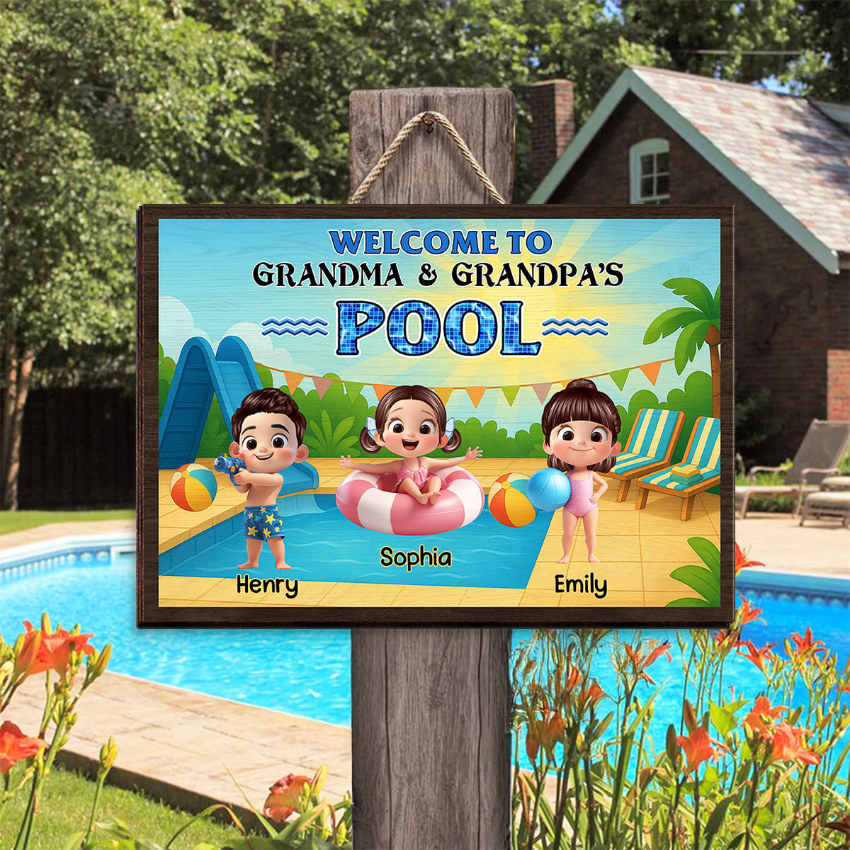 Welcome to Grandma & Grandpa's Pool Personalized Wood Sign, Granparents Hosting Grandkids, Customer Pool Sign