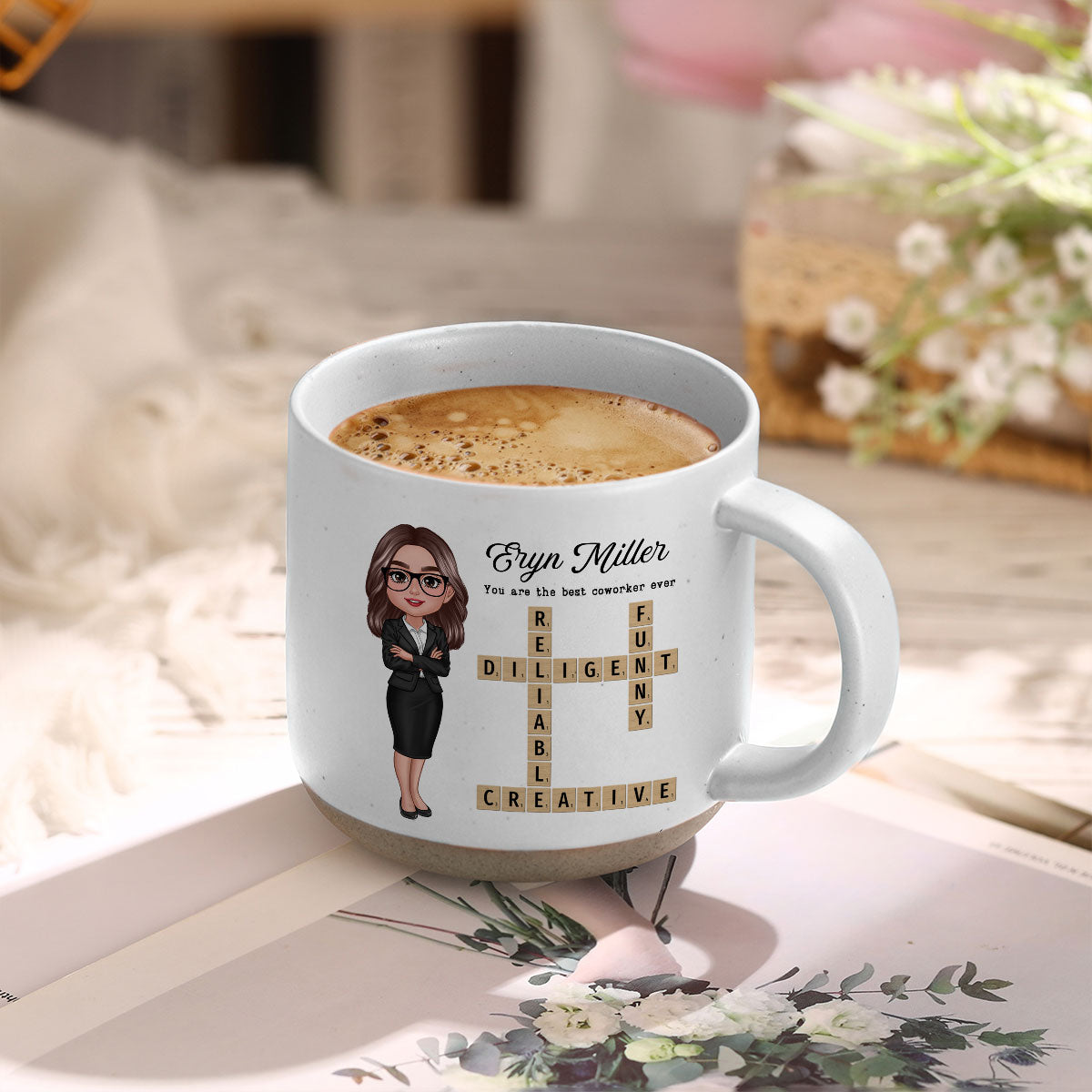 Coworker Crossword Art Personalized Pottery Mug, Thank You Gift for Coworker, Best Friend