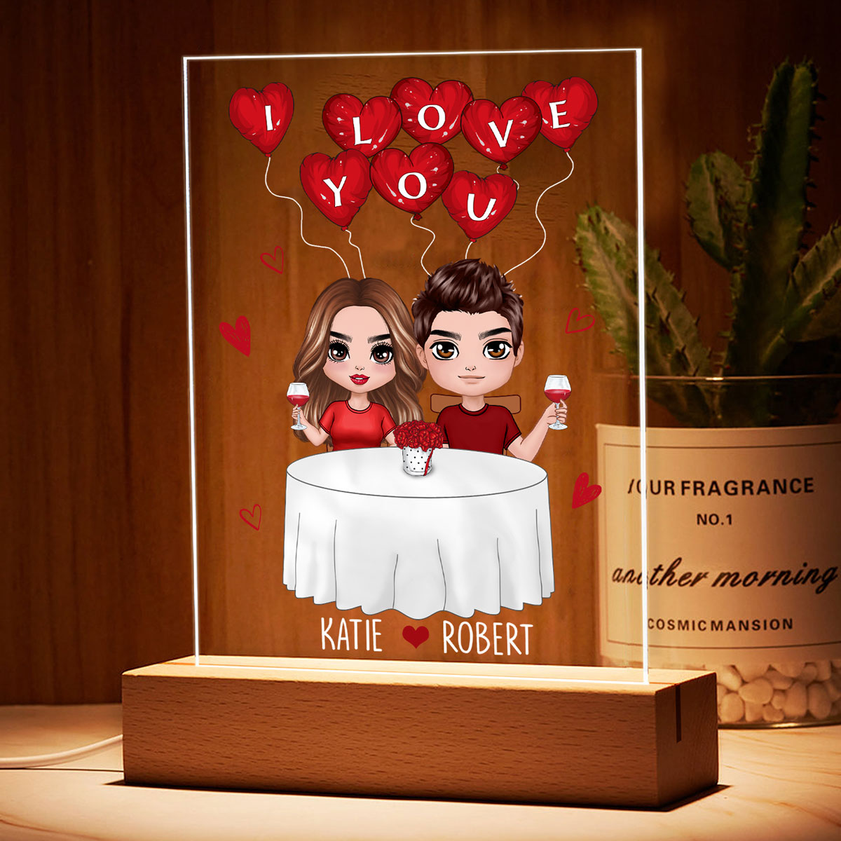 Doll Couple Sitting At Table Personalized Plaque LED Night Light - Gift For Him Gift For Her