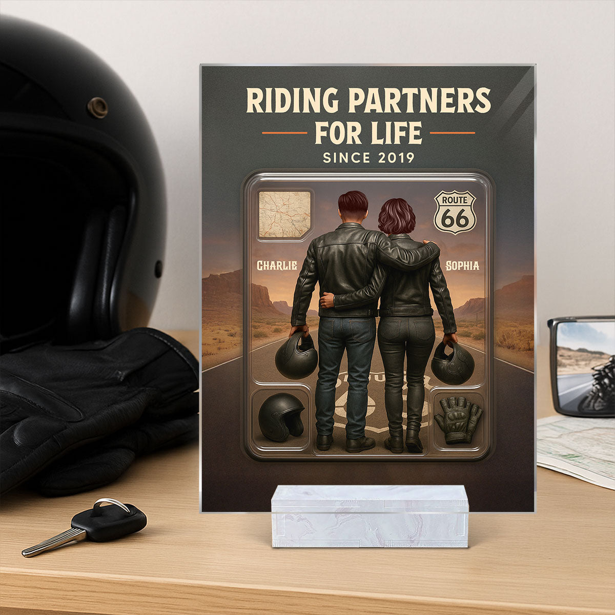 3D Effect Custom Figure Couple Bikers Riding Partners For Life Personalized Acrylic Plaque