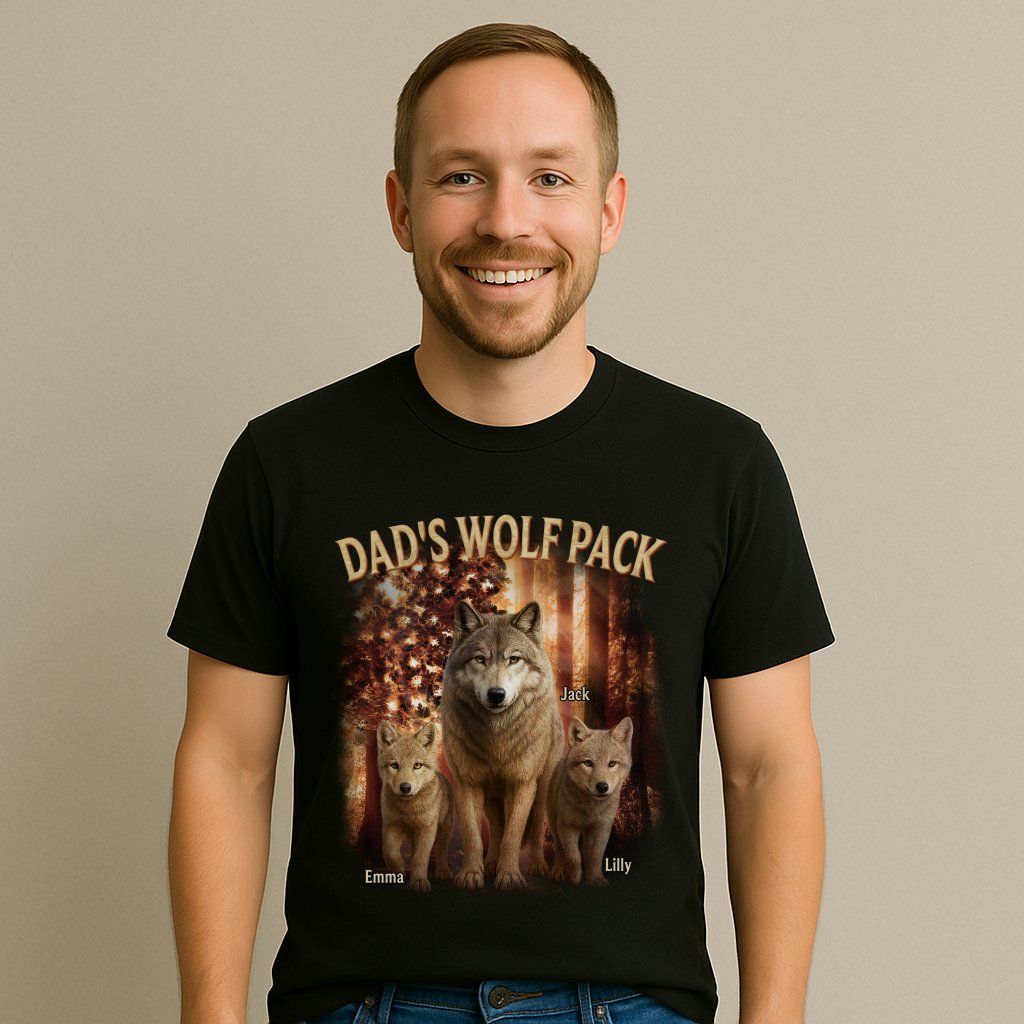 Dad's Wolf Pack Nation Flag Forest Personalized Shirt| Coolest Father's Day Gift For Dad, 4th of July Shirt