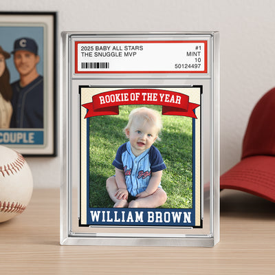 Rookie Baseball Kid All Star, Little Slugger, 1st Birthday Trading Card Style Personalized Acrylic Block Plaque