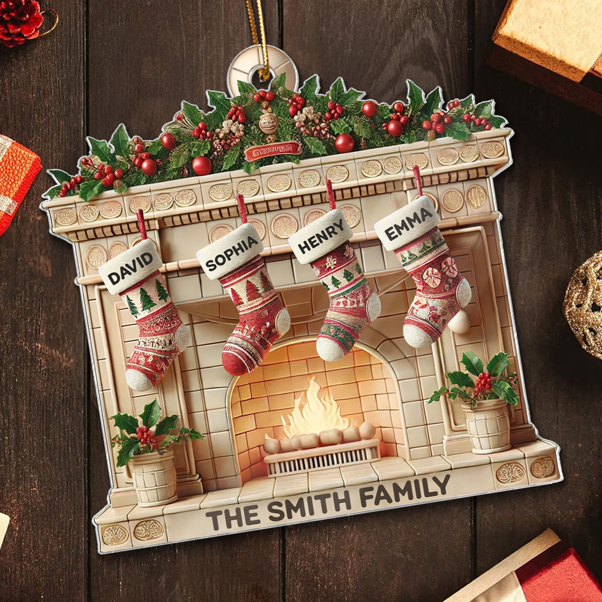 Christmas Retro Fireplace Family Christmas Stockings On Mantel 3D Effect Personalized Acrylic Ornament