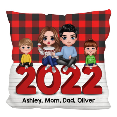 Family Dogs Cats Sitting Checkered Personalized Christmas Pillow (Insert Included)