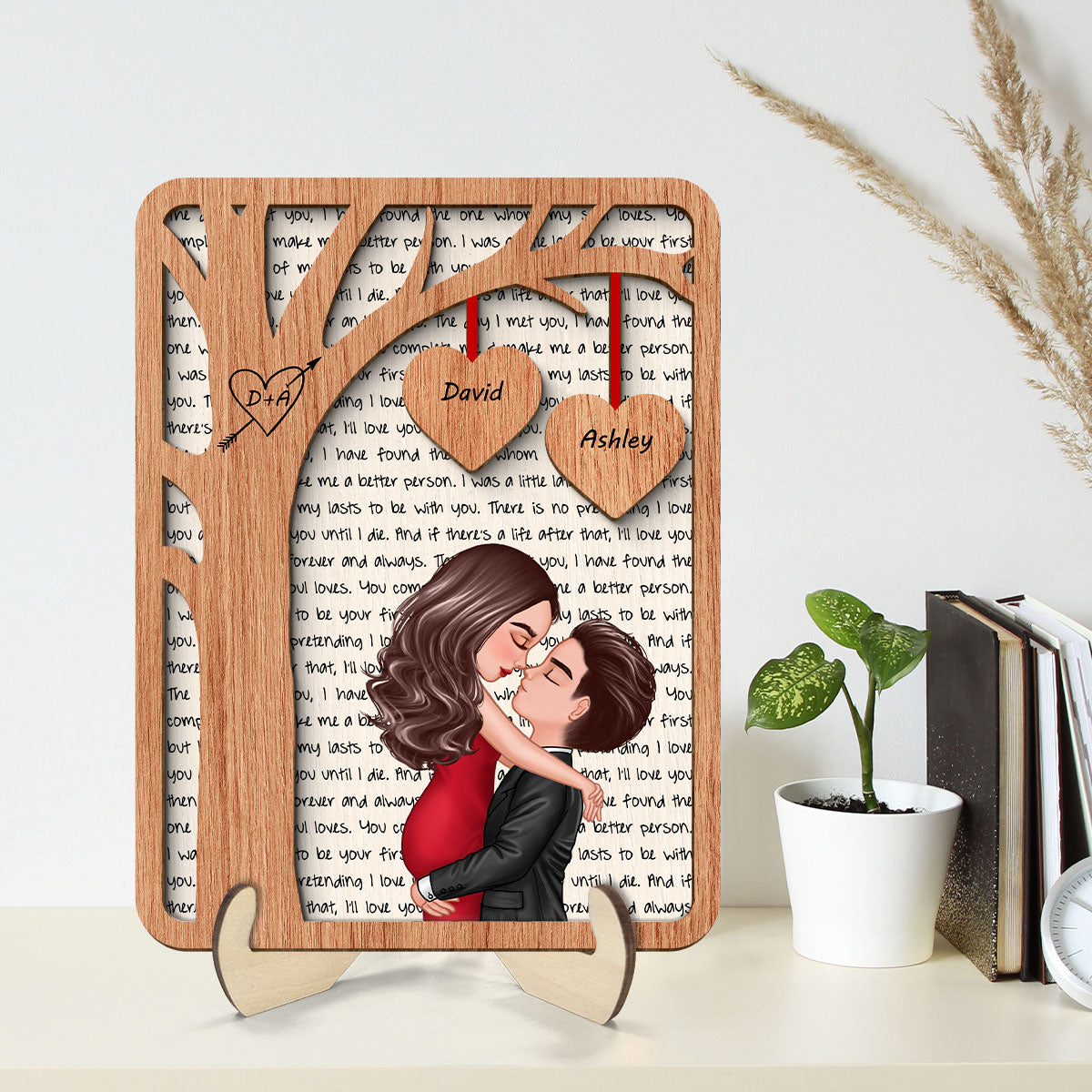 Couple Kissing Hugging Under Tree Letters Background Personalized 2-Layer Wooden Plaque