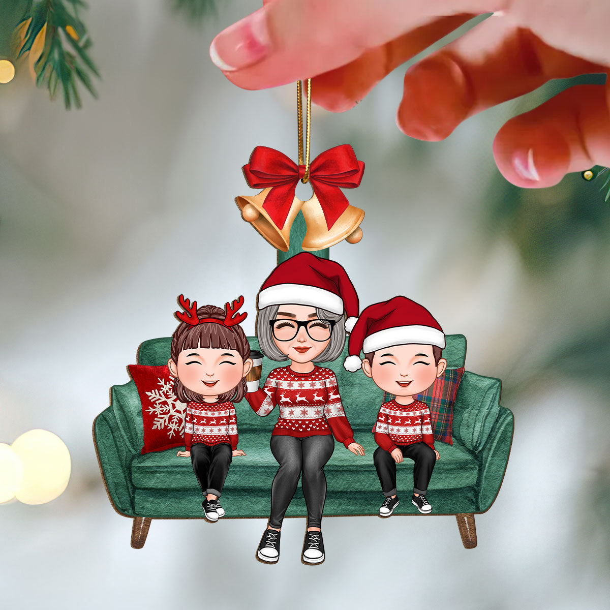 Grandma Mom Kids Christmas Sitting On Sofa Personalized Wooden Ornament