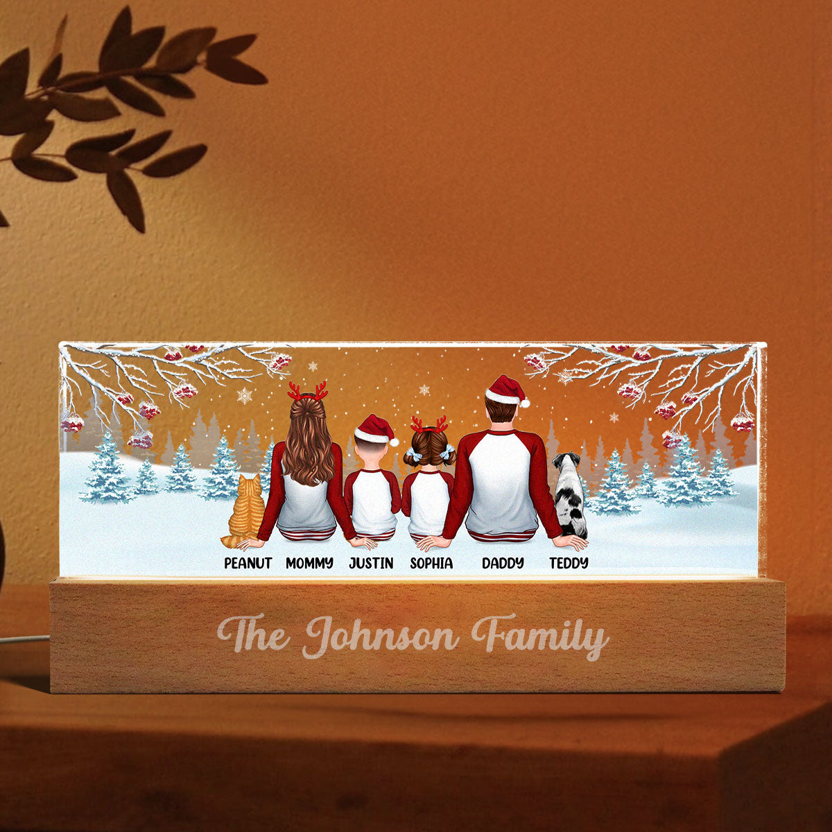 Family Back View Pajamas In Snow Personalized Acrylic Block LED Night Light