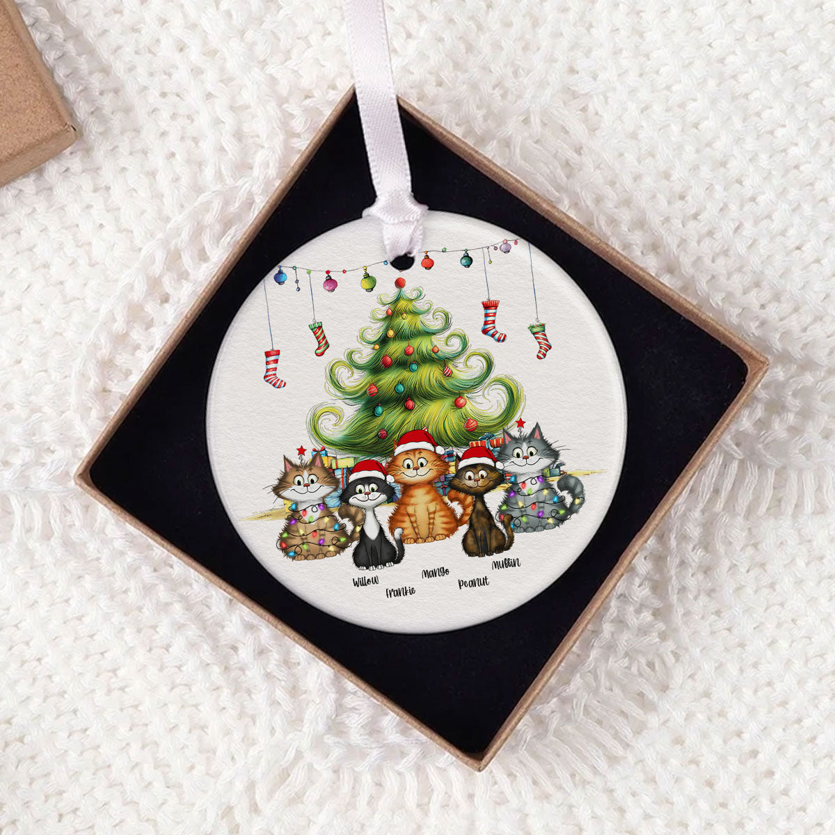 Quirky Christmas Tree Cats Whimsical Personalized Circle Ceramic Ornament
