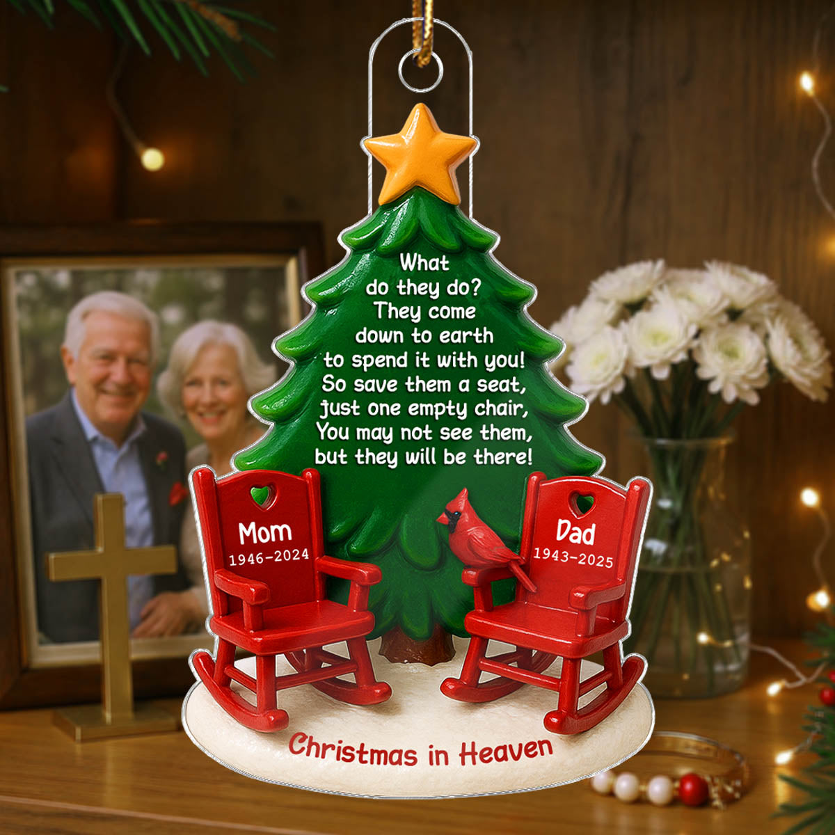 Christmas In Heaven Save A Seat 3D Effect - Personalized Acrylic Ornament - Christmas Memorial Keepsake For Family
