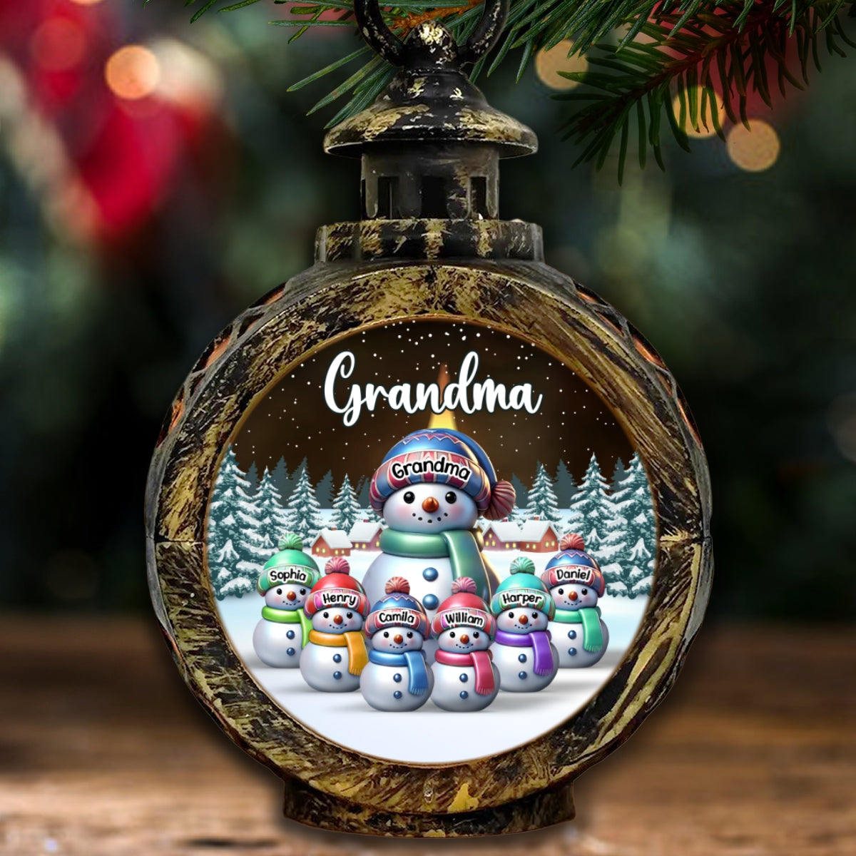 Winter Grandma & Grandkids Snowmen Christmas Personalized Lantern Ornament, Christmas Gift For Grandma, Grandkids