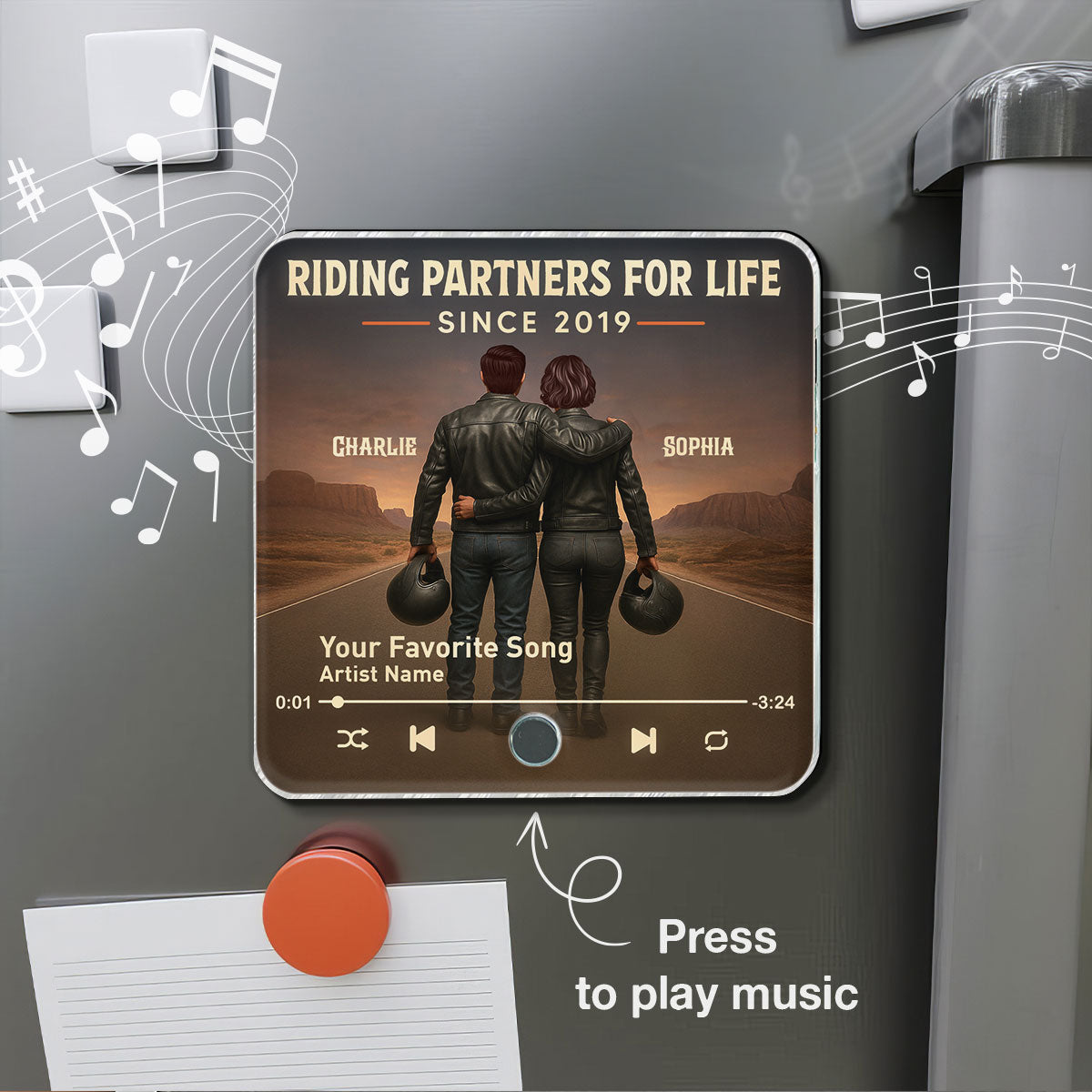 3D Effect Custom Figure Couple Bikers Riding Partners For Life Personalized Music Fridge Magnet