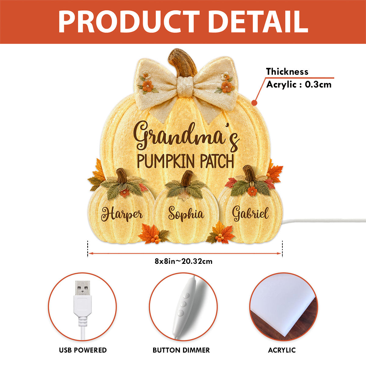 Grandma's Pumpkin Patch Glowing 2D Flat Printed - Personalized Light Box - Fall Season Decor For Grandma